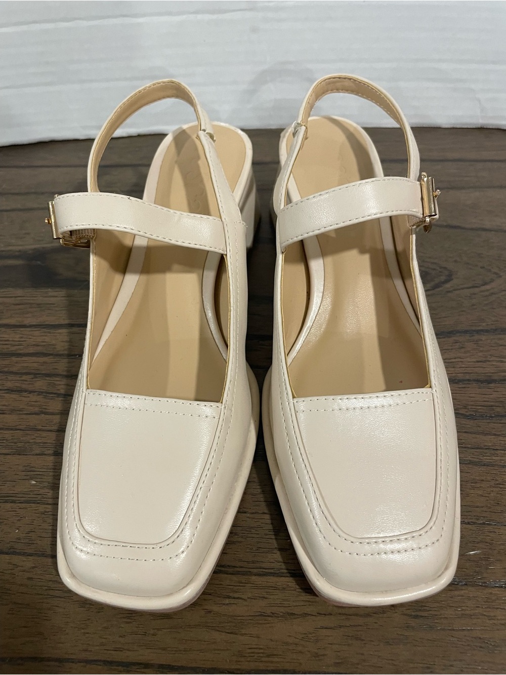 Cream Square-Toe Slingback Mules with Gold Buckle